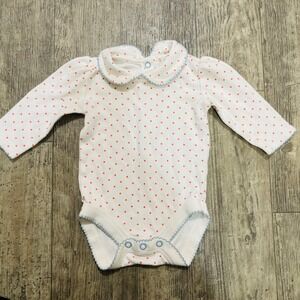 Baby Boden Polka Dot Bodysuit Peter Pan Collar Picot Trim Cream Red 0-3M